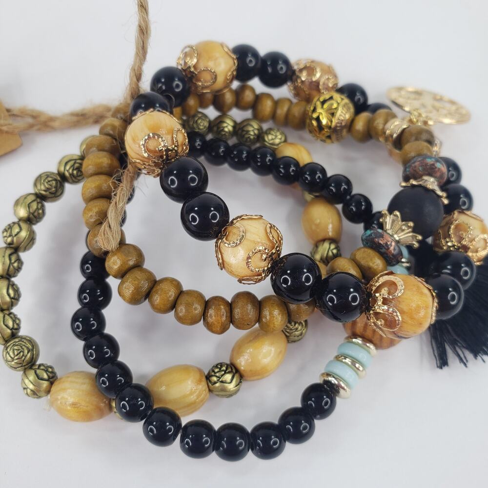Black Beaded Boho Stretch Bracelet 4 pc Tree of Life Charm Bohemian One Size - Picture 9 of 9